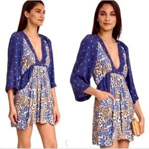 Free People Talulla Mini Dress S Blue Beige Floral Mixed Print Boho Rayon